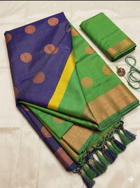 Mrs. SARDARNI Women's Royal Blue Softi Silk Saree with Parrot Green Contrast Border & Big Butta Work | Premium Ethnic Wear | Mrs. SARDARNI