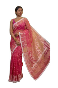 Premium Pink Jamdani Saree with Gold Zari & Lace Border | Mrs. SARDARN | Premium Ethnic Wear | Mrs. SARDARNI