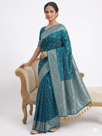 Mrs. SARDARNI Women's Rama Teal Blue Art Silk Saree with Silver Zari Weaving & Tassel Border | Premium Ethnic Wear | Mrs. SARDARNI