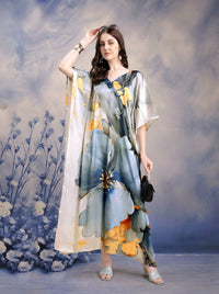 Elegant Floral Silk-Satin Kaftan Maxi Dress - Mrs. SARDARNI Exclusive