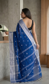 Royal Blue Cotton Silk Saree with Silver Zari Border | Mrs. SARDARNI