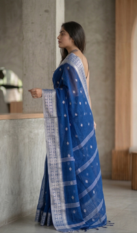 Royal Blue Cotton Silk Saree with Silver Zari Border | Mrs. SARDARNI