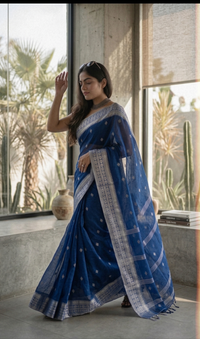 Royal Blue Cotton Silk Saree with Silver Zari Border | Mrs. SARDARNI