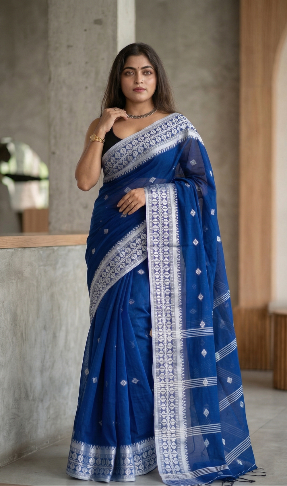 Royal Blue Cotton Silk Saree with Silver Zari Border | Mrs. SARDARNI