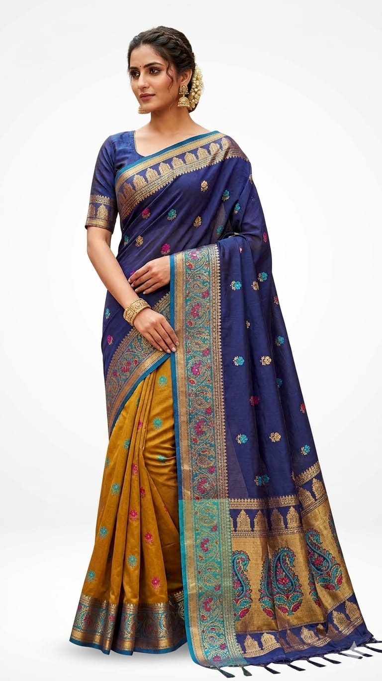 Mrs. SARDARNI Latest Blue Yellow Garod Muslin Fancy Silk Saree | Party Wear Sari | Premium Ethnic Wear | Mrs. SARDARNI