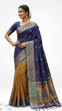 Mrs. SARDARNI Latest Blue Yellow Garod Muslin Fancy Silk Saree | Party Wear Sari | Premium Ethnic Wear | Mrs. SARDARNI
