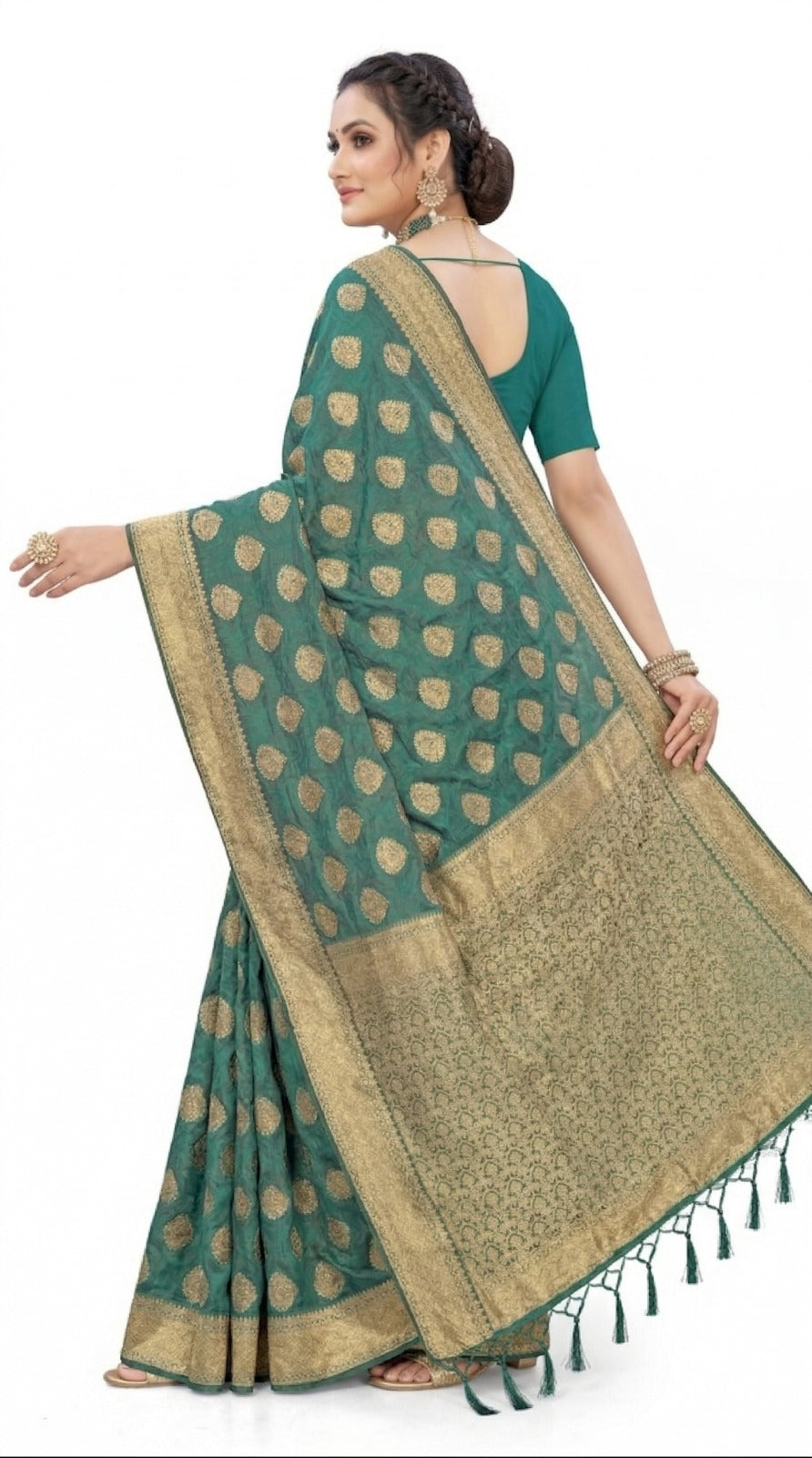Mrs. SARDARNI Women's Bottle Green Art Silk Gulal Saree with Golden Zari Mango Butta & Tassel Pallu | Premium Ethnic Wear | Mrs. SARDARNI