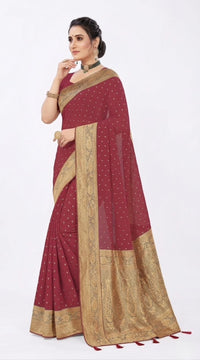 Mrs. SARDARNI Women's Cherry Red Art Silk Gulal Saree with Tiny Golden Zari Buttis & Tassel Pallu | Premium Ethnic Wear | Mrs. SARDARNI