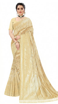 Mrs. SARDARNI Women's Cream Gold Art Silk Gulal Saree with Heavy Gold Floral Jaal & Tassel Pallu | Premium Ethnic Wear | Mrs. SARDARNI