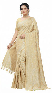 Mrs. SARDARNI Women's Cream Gold Art Silk Gulal Saree with Heavy Gold Floral Jaal & Tassel Pallu | Premium Ethnic Wear | Mrs. SARDARNI