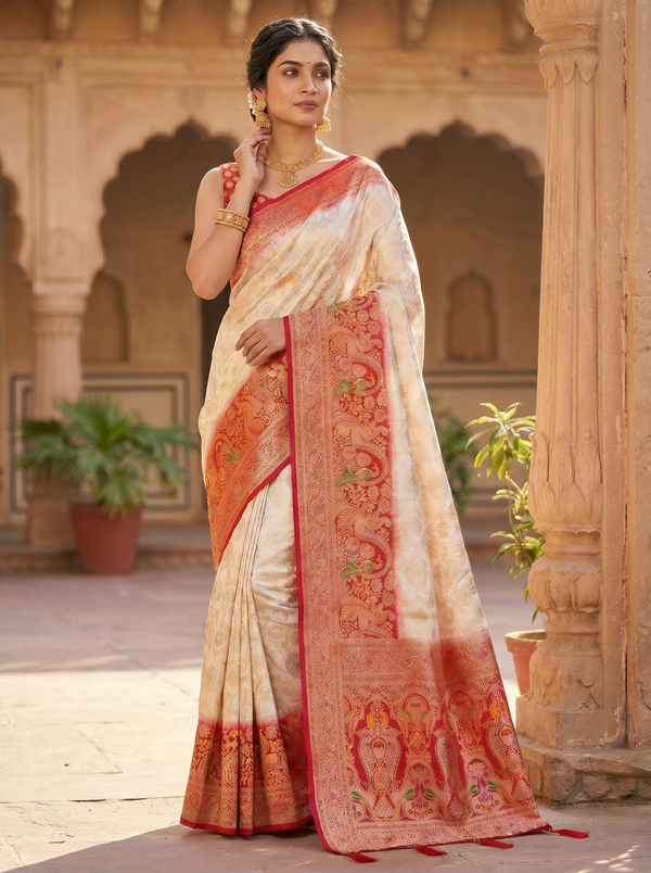 Mrs. SARDARNI Woven Soft Silk Saree - Cream Red