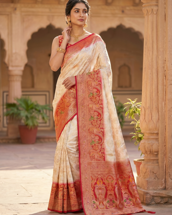 Mrs. SARDARNI Woven Soft Silk Saree - Cream Red