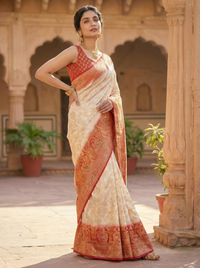 Mrs. SARDARNI Woven Soft Silk Saree - Cream Red