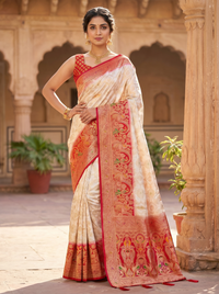 Mrs. SARDARNI Woven Soft Silk Saree - Cream Red