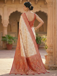Mrs. SARDARNI Woven Soft Silk Saree - Cream Red