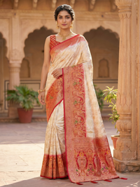Mrs. SARDARNI Woven Soft Silk Saree - Cream Red