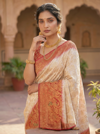 Mrs. SARDARNI Woven Soft Silk Saree - Cream Red