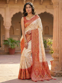 Mrs. SARDARNI Woven Soft Silk Saree - Cream Red