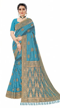 Mrs. SARDARNI Women's Firoza Blue Art Silk Gulal Saree with Heavy Gold Zari Floral Mandalas & Tassels | Premium Ethnic Wear | Mrs. SARDARNI