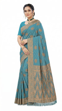 Mrs. SARDARNI Women's Firoza Blue Art Silk Gulal Saree with Heavy Gold Zari Floral Mandalas & Tassels | Premium Ethnic Wear | Mrs. SARDARNI