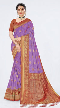 Mrs. SARDARNI Women's Lavender Purple Art Silk Saree with Contrast Red Zari Border & Tassel Pallu | Premium Ethnic Wear | Mrs. SARDARNI