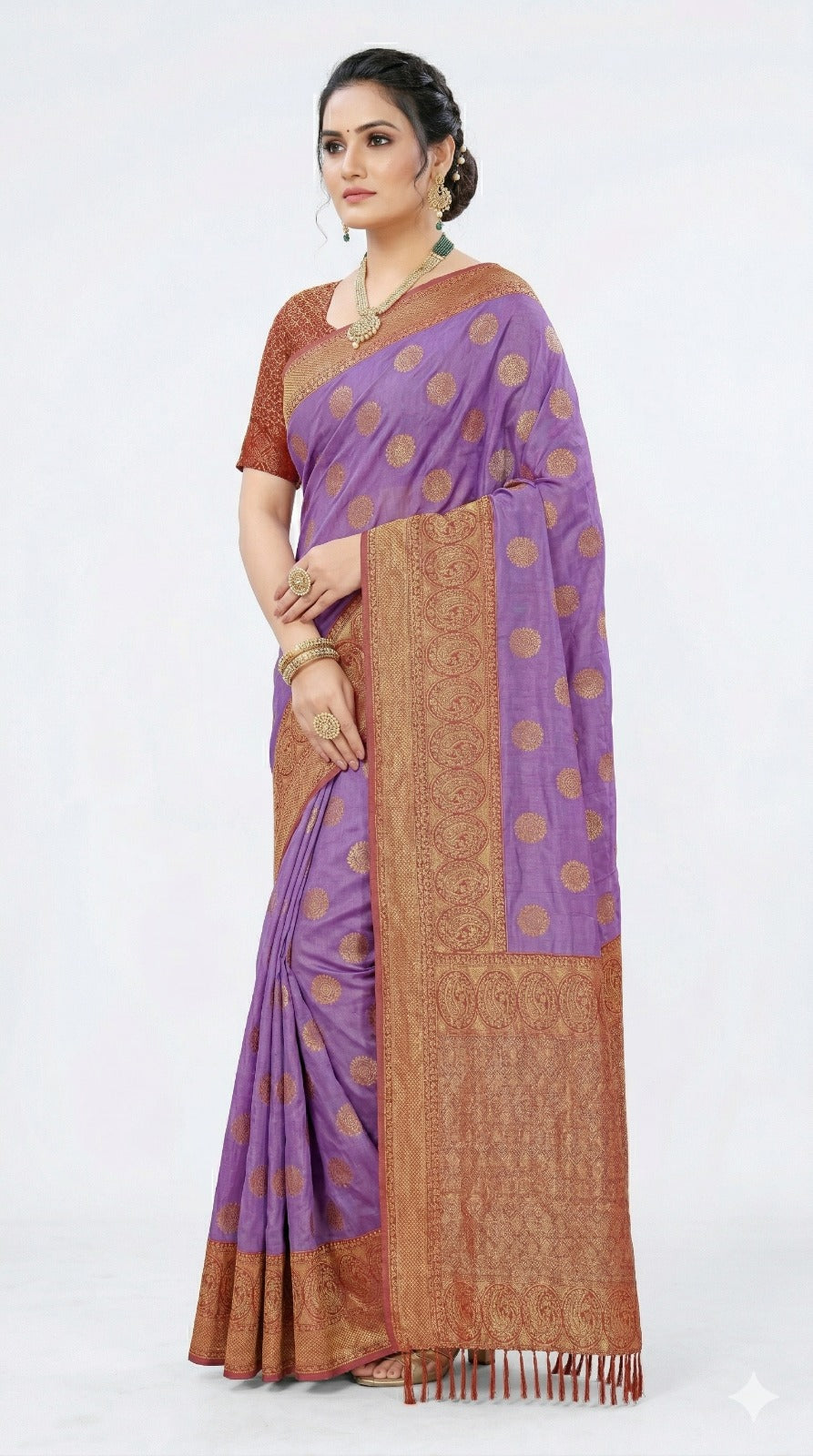 Mrs. SARDARNI Women's Lavender Purple Art Silk Saree with Contrast Red Zari Border & Tassel Pallu | Premium Ethnic Wear | Mrs. SARDARNI