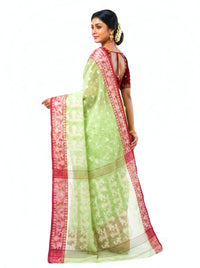 Mrs. SARDARNI Premium Lime Green Handloom Cotton-Linen Muslin Saree with Red Border | Premium Ethnic Wear | Mrs. SARDARNI
