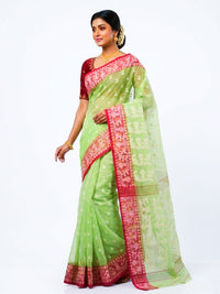 Mrs. SARDARNI Premium Lime Green Handloom Cotton-Linen Muslin Saree with Red Border | Premium Ethnic Wear | Mrs. SARDARNI