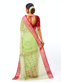 Mrs. SARDARNI Premium Lime Green Handloom Cotton-Linen Muslin Saree with Red Border | Premium Ethnic Wear | Mrs. SARDARNI