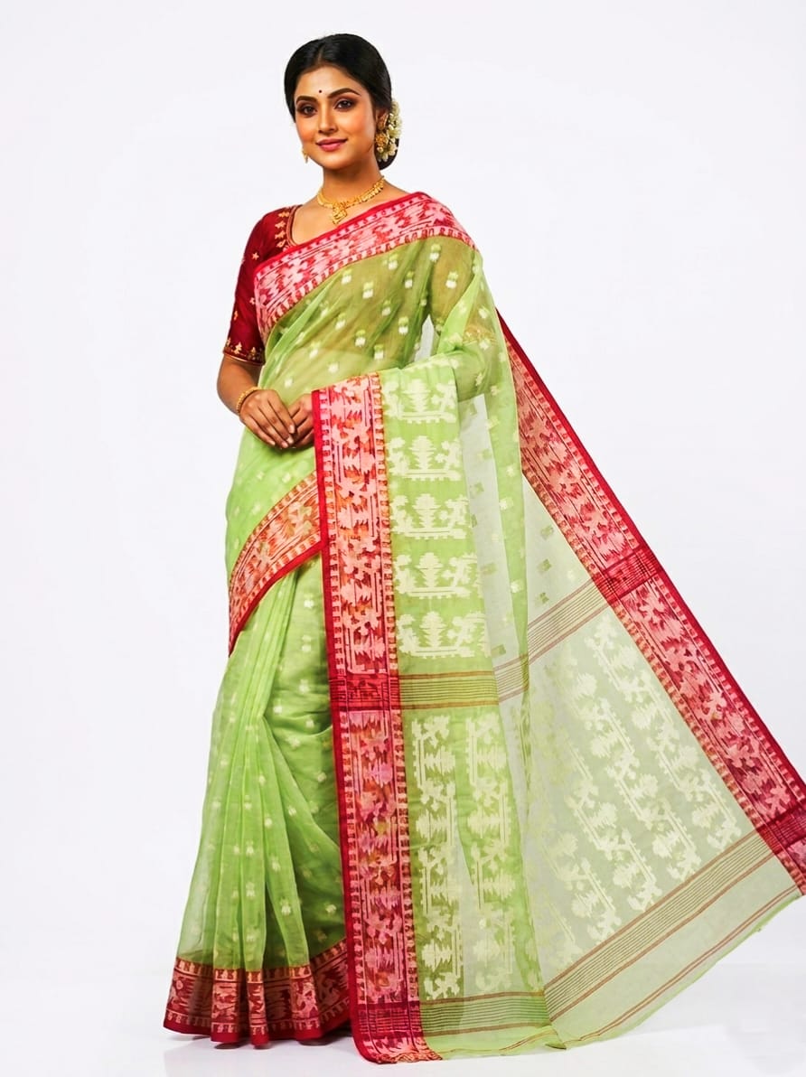 Mrs. SARDARNI Premium Lime Green Handloom Cotton-Linen Muslin Saree with Red Border | Premium Ethnic Wear | Mrs. SARDARNI