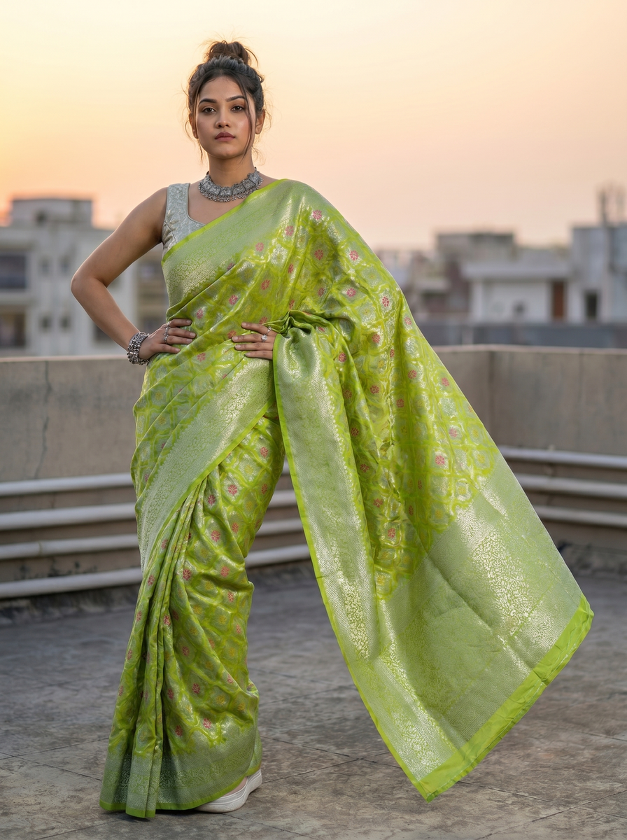 Mrs. SARDARNI Woven Soft Silk Saree - Lime Green