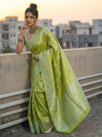 Mrs. SARDARNI Woven Soft Silk Saree - Lime Green