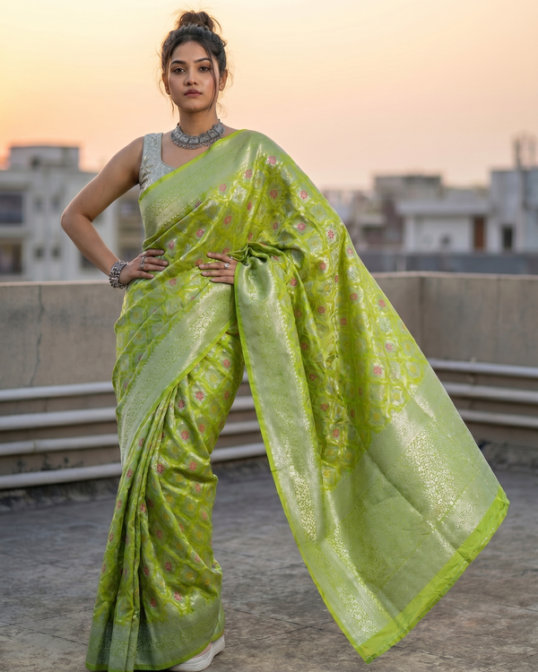 Mrs. SARDARNI Woven Soft Silk Saree - Lime Green