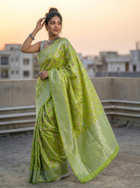 Mrs. SARDARNI Woven Soft Silk Saree - Lime Green
