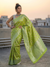 Mrs. SARDARNI Woven Soft Silk Saree - Lime Green