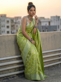 Mrs. SARDARNI Woven Soft Silk Saree - Lime Green