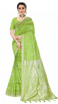 Mrs. SARDARNI Women's Lime Green Art Silk Gulal Saree with Silver Zari Weaving & Matching Potli Bag | Premium Ethnic Wear | Mrs. SARDARNI