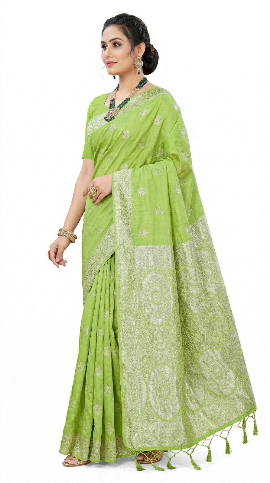 Mrs. SARDARNI Women's Lime Green Art Silk Gulal Saree with Silver Zari Weaving & Matching Potli Bag | Premium Ethnic Wear | Mrs. SARDARNI