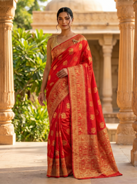 Mrs. SARDARNI Banarasi Jacquard Art Silk Saree - Red (Morni Collection)