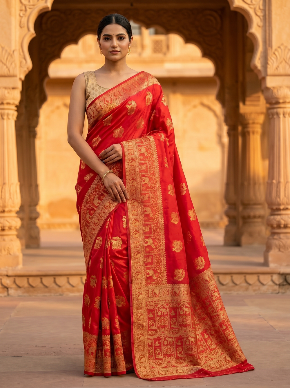 Mrs. SARDARNI Banarasi Jacquard Art Silk Saree - Red (Morni Collection)