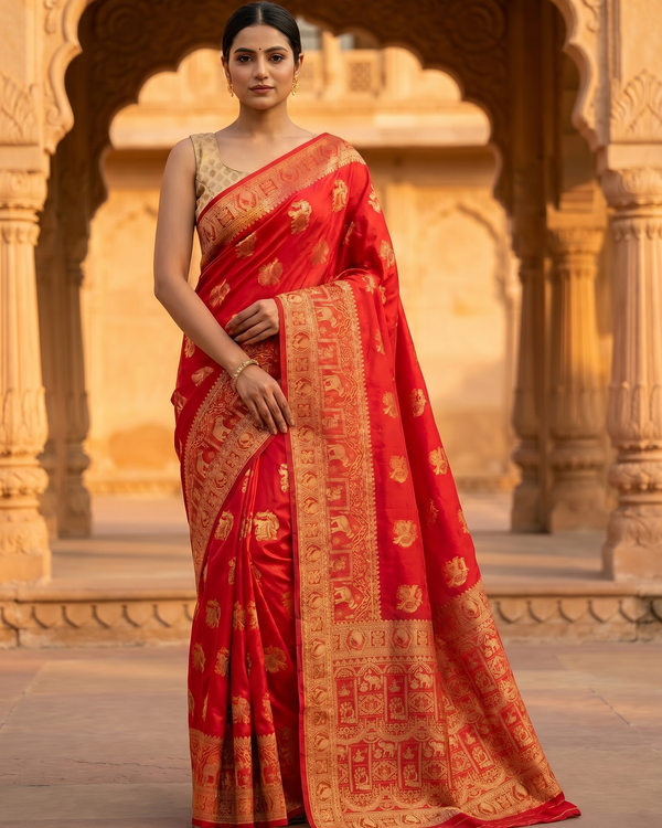 Mrs. SARDARNI Banarasi Jacquard Art Silk Saree - Red (Morni Collection)