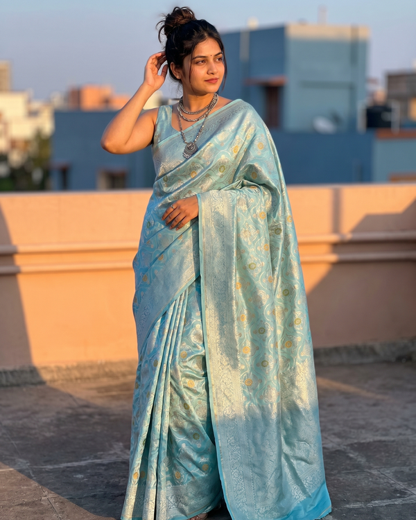 Mrs. SARDARNI Woven Soft Silk Saree - Mint Blue
