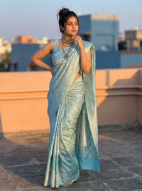 Mrs. SARDARNI Woven Soft Silk Saree - Mint Blue