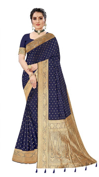 Mrs. SARDARNI Women's Midnight Navy Blue Art Silk Gulal Saree with Golden Zari Tiny Butta & Tassel Pallu | Premium Ethnic Wear | Mrs. SARDARNI