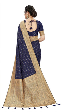 Mrs. SARDARNI Women's Midnight Navy Blue Art Silk Gulal Saree with Golden Zari Tiny Butta & Tassel Pallu | Premium Ethnic Wear | Mrs. SARDARNI
