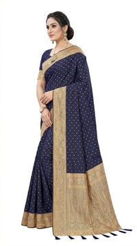 Mrs. SARDARNI Women's Midnight Navy Blue Art Silk Gulal Saree with Golden Zari Tiny Butta & Tassel Pallu | Premium Ethnic Wear | Mrs. SARDARNI