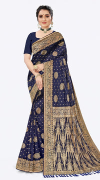 Mrs. SARDARNI Women's Navy Blue Art Silk Gulal Saree with Heavy Gold Zari Floral Mandalas & Tassel Pallu | Premium Ethnic Wear | Mrs. SARDARNI