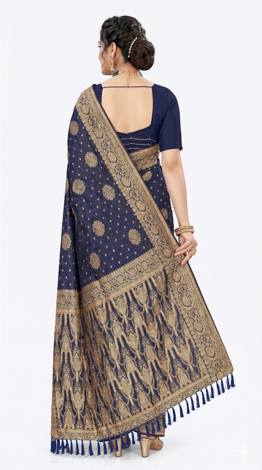 Mrs. SARDARNI Women's Navy Blue Art Silk Gulal Saree with Heavy Gold Zari Floral Mandalas & Tassel Pallu | Premium Ethnic Wear | Mrs. SARDARNI