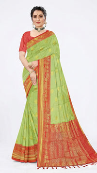 Mrs. SARDARNI Women's Parrot Green Art Silk Saree with Contrast Red Zari Border & Tassel Pallu | Premium Ethnic Wear | Mrs. SARDARNI