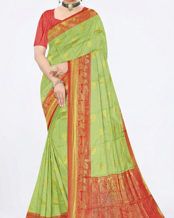 Mrs. SARDARNI Women's Parrot Green Art Silk Saree with Contrast Red Zari Border & Tassel Pallu | Premium Ethnic Wear | Mrs. SARDARNI